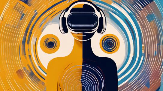 illustration of a figure with headphones, the screen is split two two colors to demonstrate audio and haptic feedback