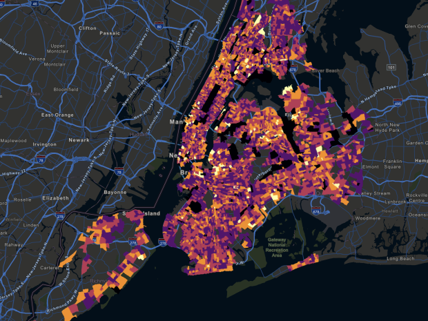 Map of New York City overlaid with an analysis showing served and underserved populations with respect to bathroom density.
